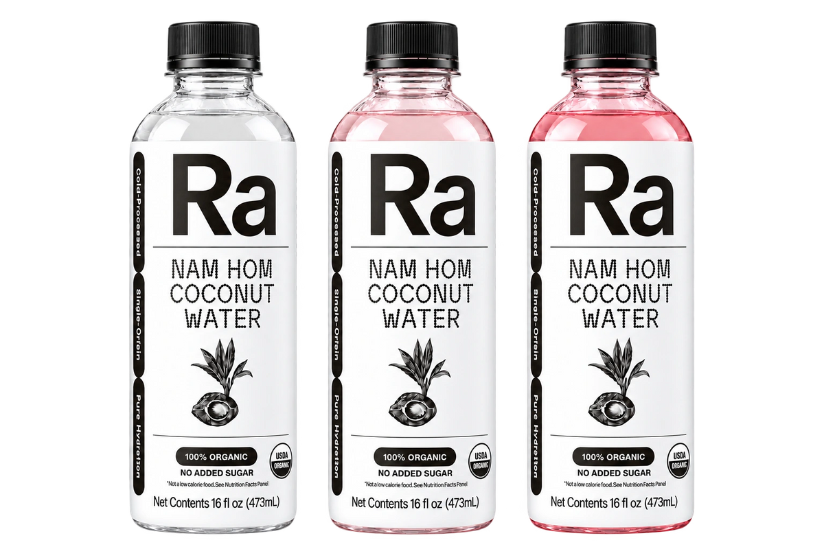 Three Ra coconut water bottles in a straight row, progressing from clear to soft blush to deeper natural pink