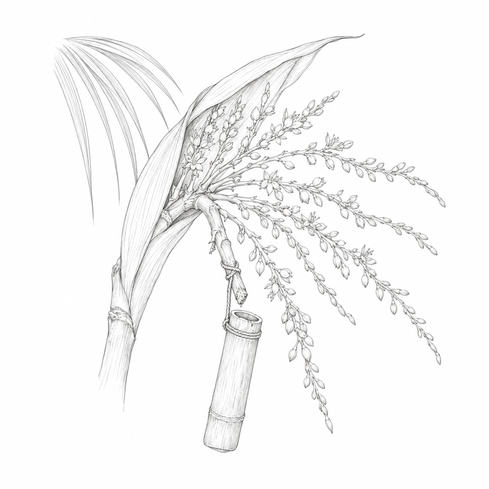 Botanical drawing of coconut blossoms and a sap collection vessel
