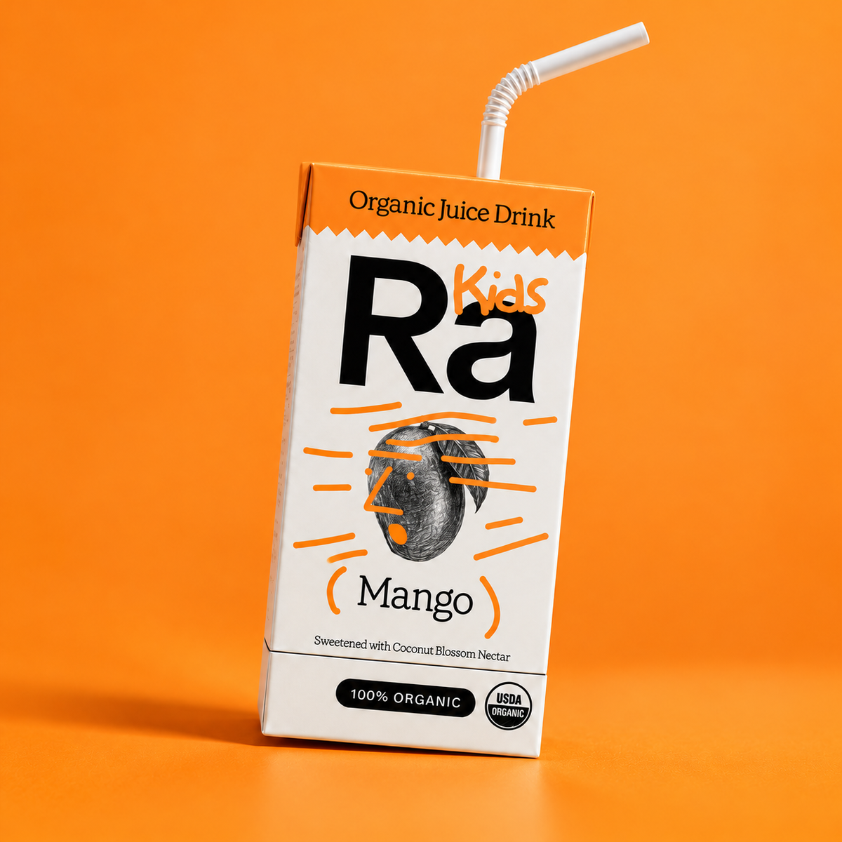 Ra Kids Mango juice carton on an orange background