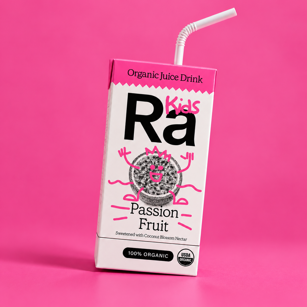Ra Kids Passion Fruit juice carton on a pink background